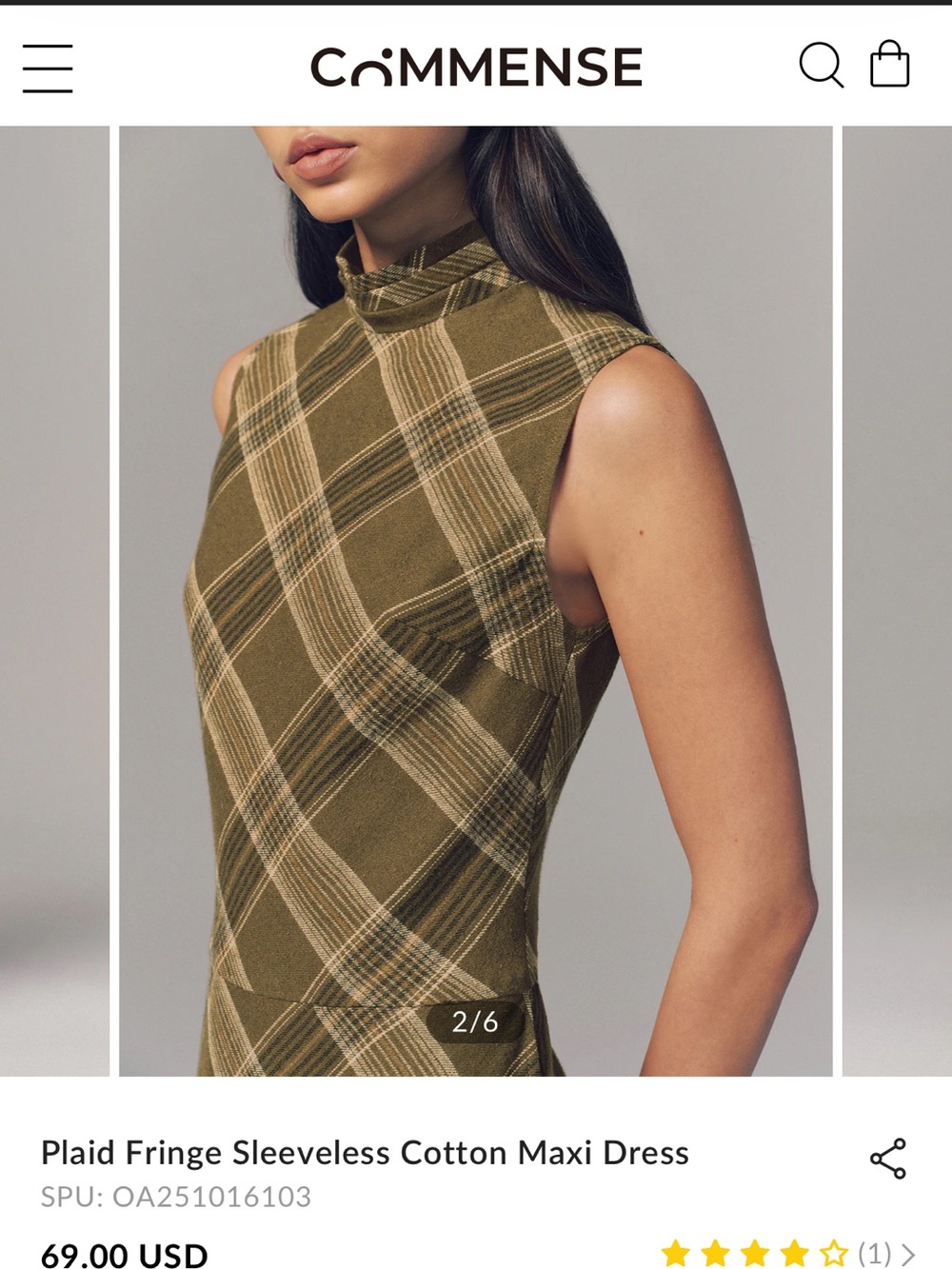 COMMENSE Olive Plaid Fringe Sleeveless Cotton Maxi Dress NWT size medium - Picture 2 of 7